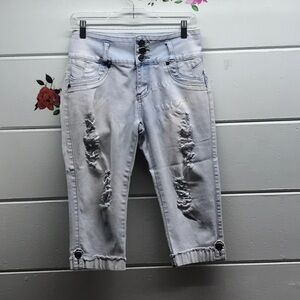 Blue Capri Jeans with Distressed Details